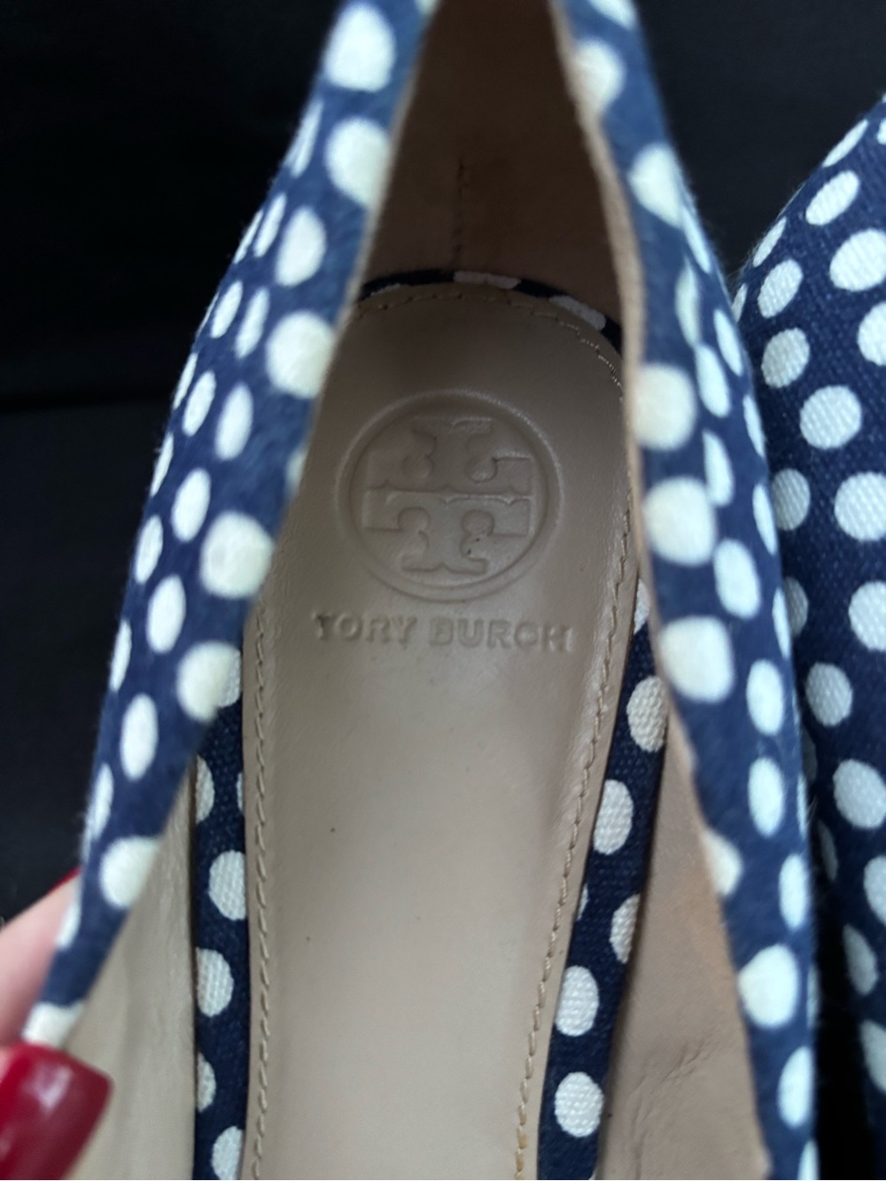 Tory Burch Navy and White Polka Dot Bow Peep-Toe Heels - Picture 3 of 13